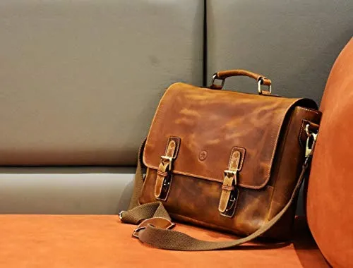 15.5 inch Leather Messenger Bag | Adjustable/Detachable Shoulder Strap | Multiple Compartments with