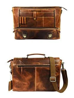 15.5 inch Leather Messenger Bag | Adjustable/Detachable Shoulder Strap | Multiple Compartments with