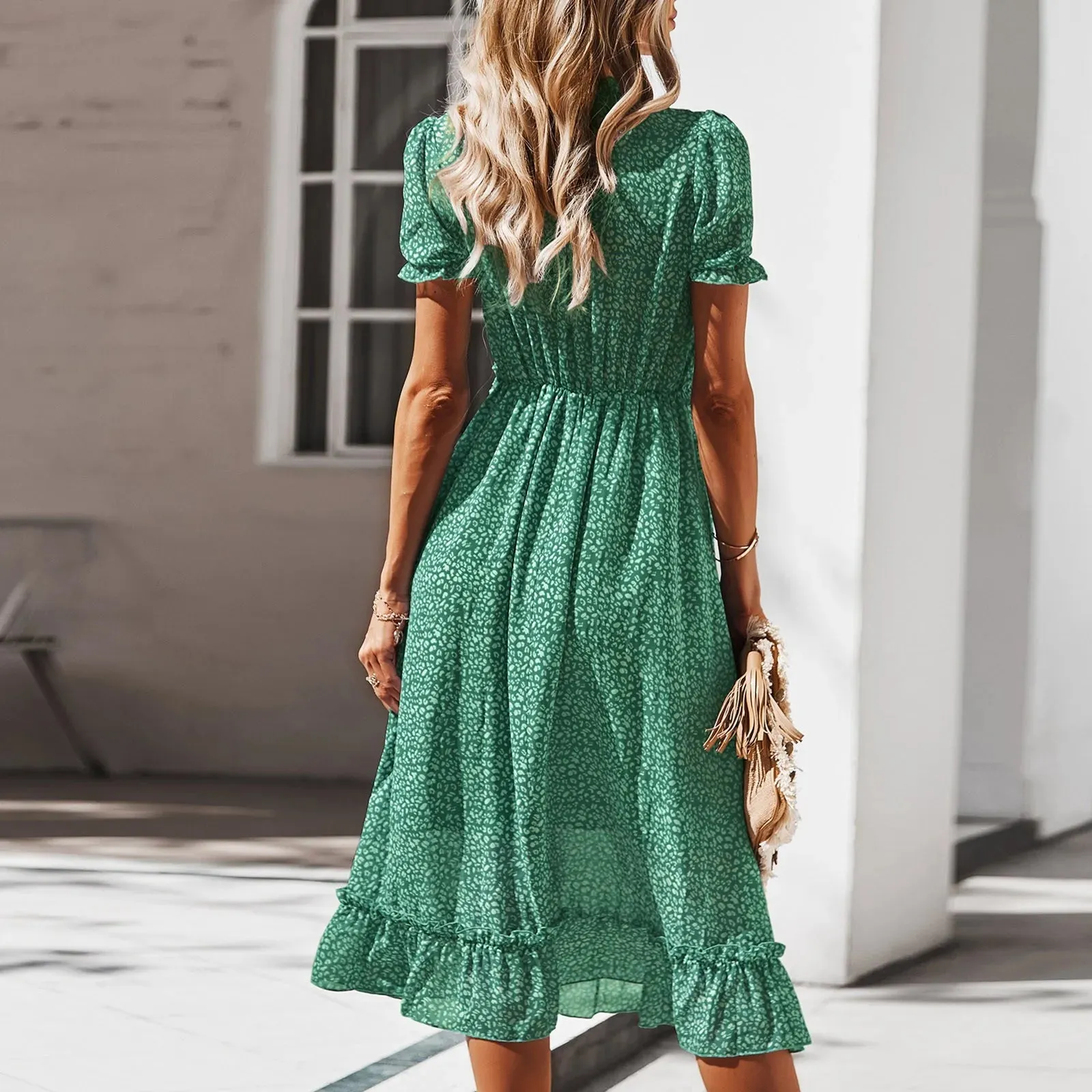 2024 Summer Short Sleeve V-Neck Flowy Chic Party Beach Midi Dress