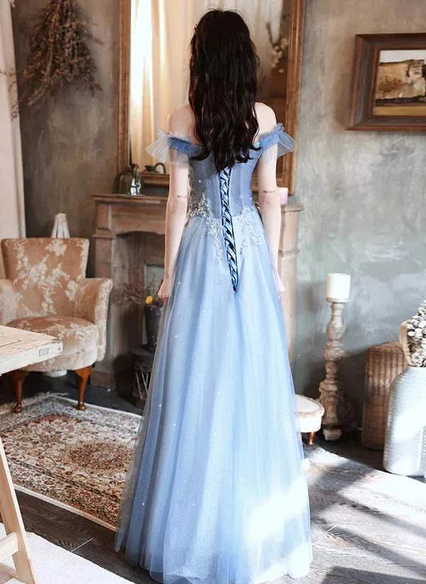A-line Blue Off Shoulder with Lace Long Evening Dress Long Prom Dress
