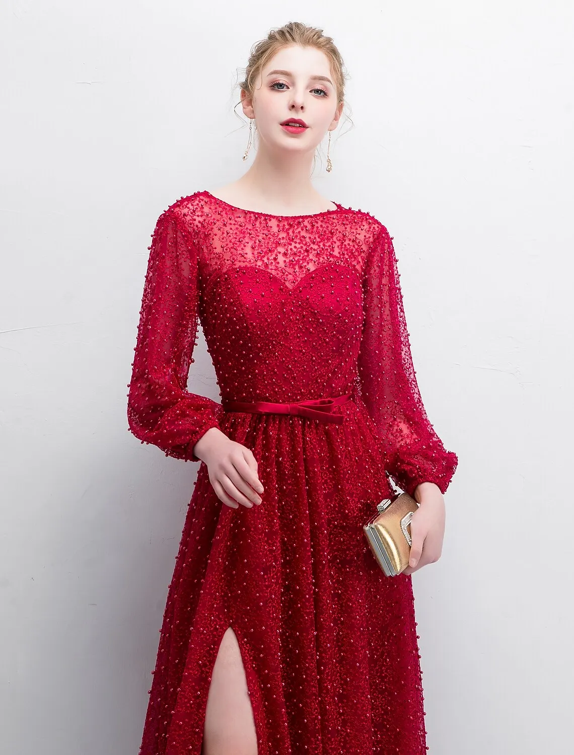 A-Line Evening Gown Elegant & Luxurious Dress Formal Evening Sweep / Brush Train Long Sleeve Boat Neck Lace with Sash / Ribbon Split Front