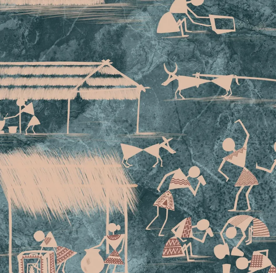 Blue Warli Indian Art Design Wallpaper