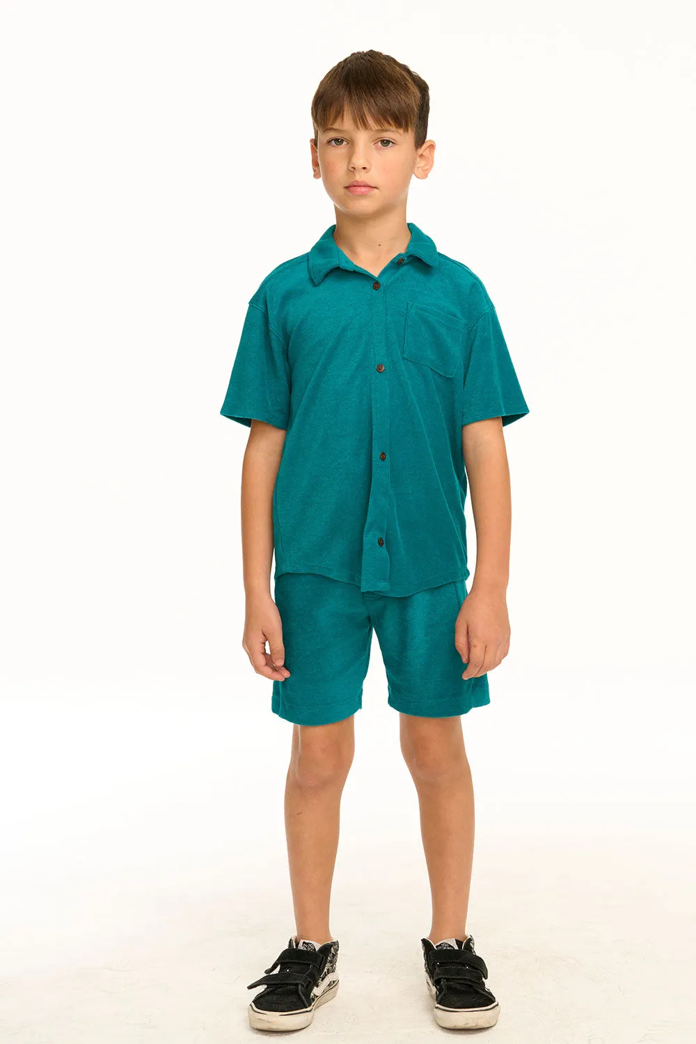 Boy's Lake Green Terry Cloth Button Down Collared Shirt