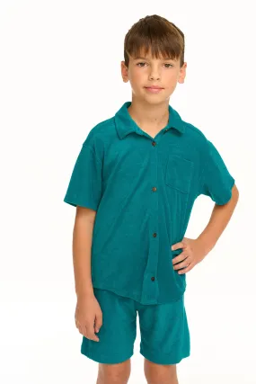 Boy's Lake Green Terry Cloth Button Down Collared Shirt