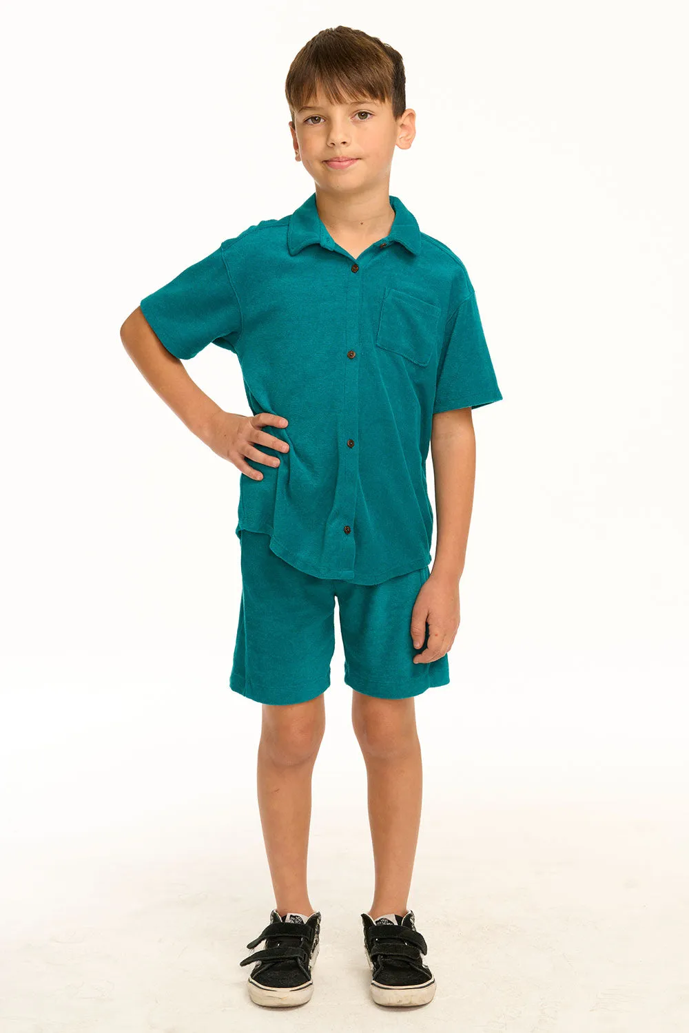 Boy's Lake Green Terry Cloth Button Down Collared Shirt