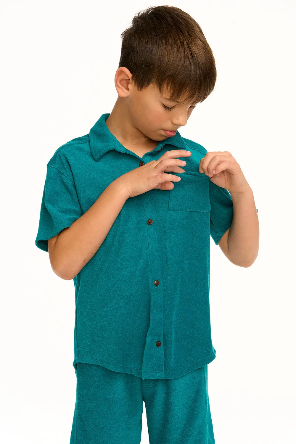 Boy's Lake Green Terry Cloth Button Down Collared Shirt