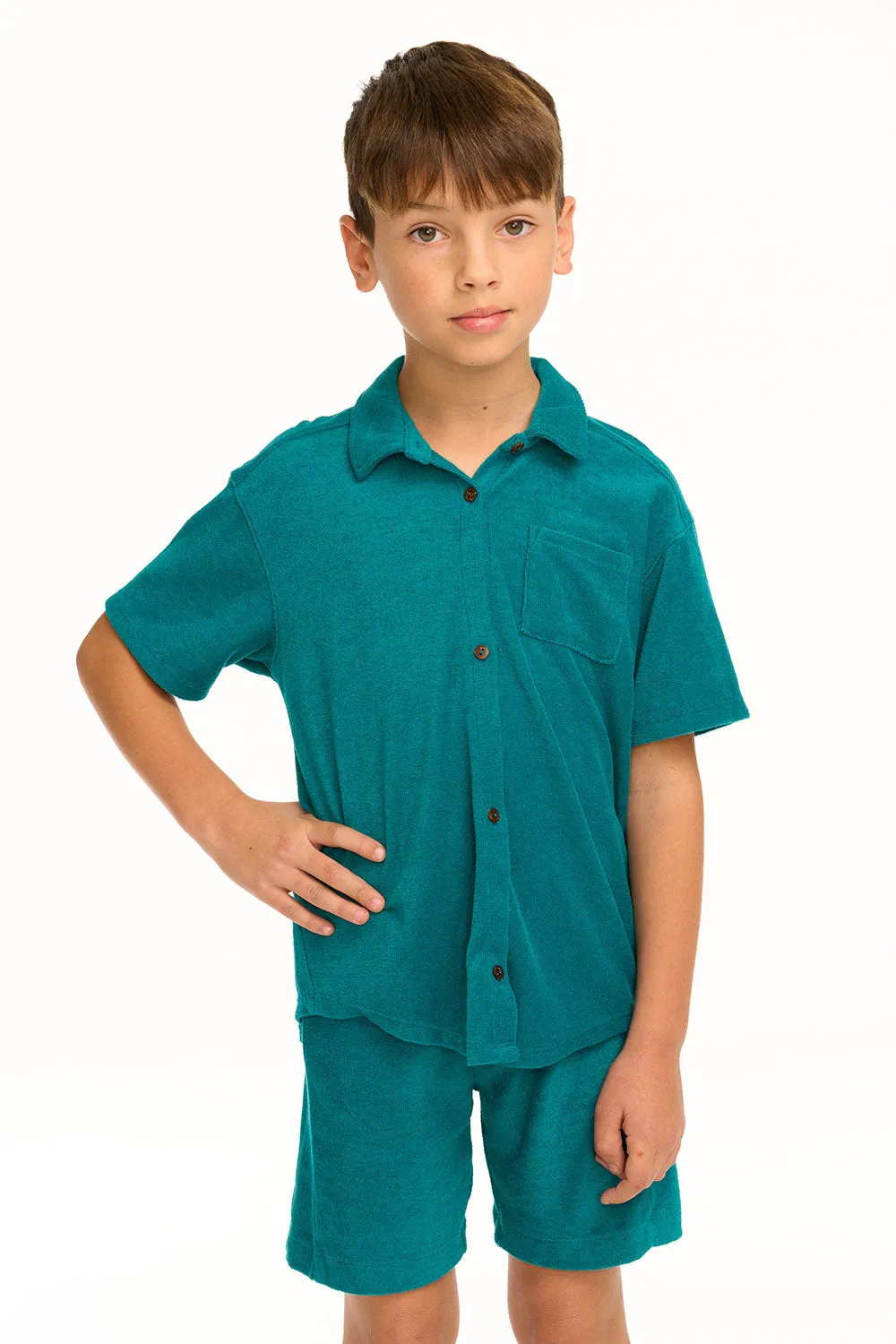 Boy's Lake Green Terry Cloth Button Down Collared Shirt