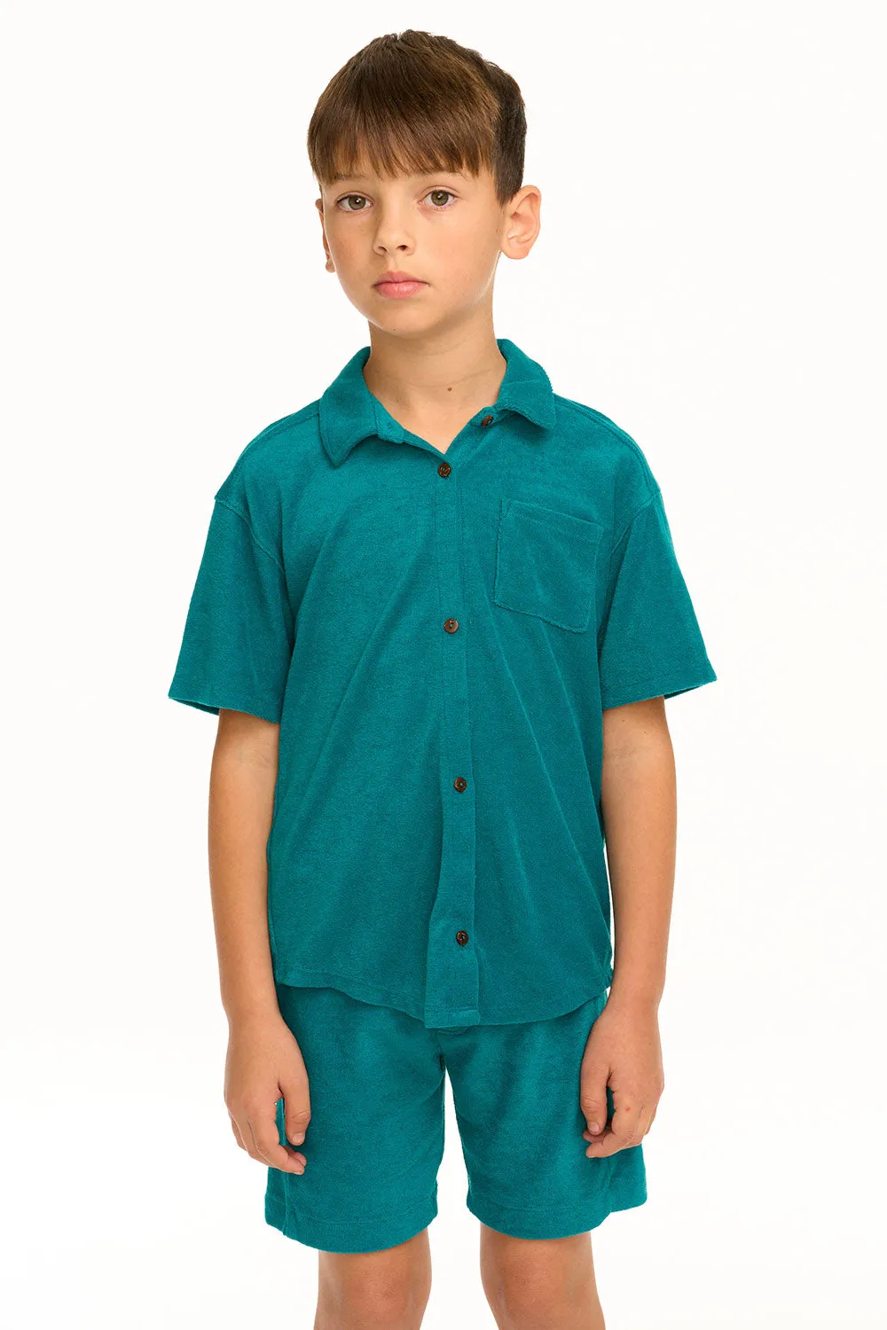 Boy's Lake Green Terry Cloth Button Down Collared Shirt