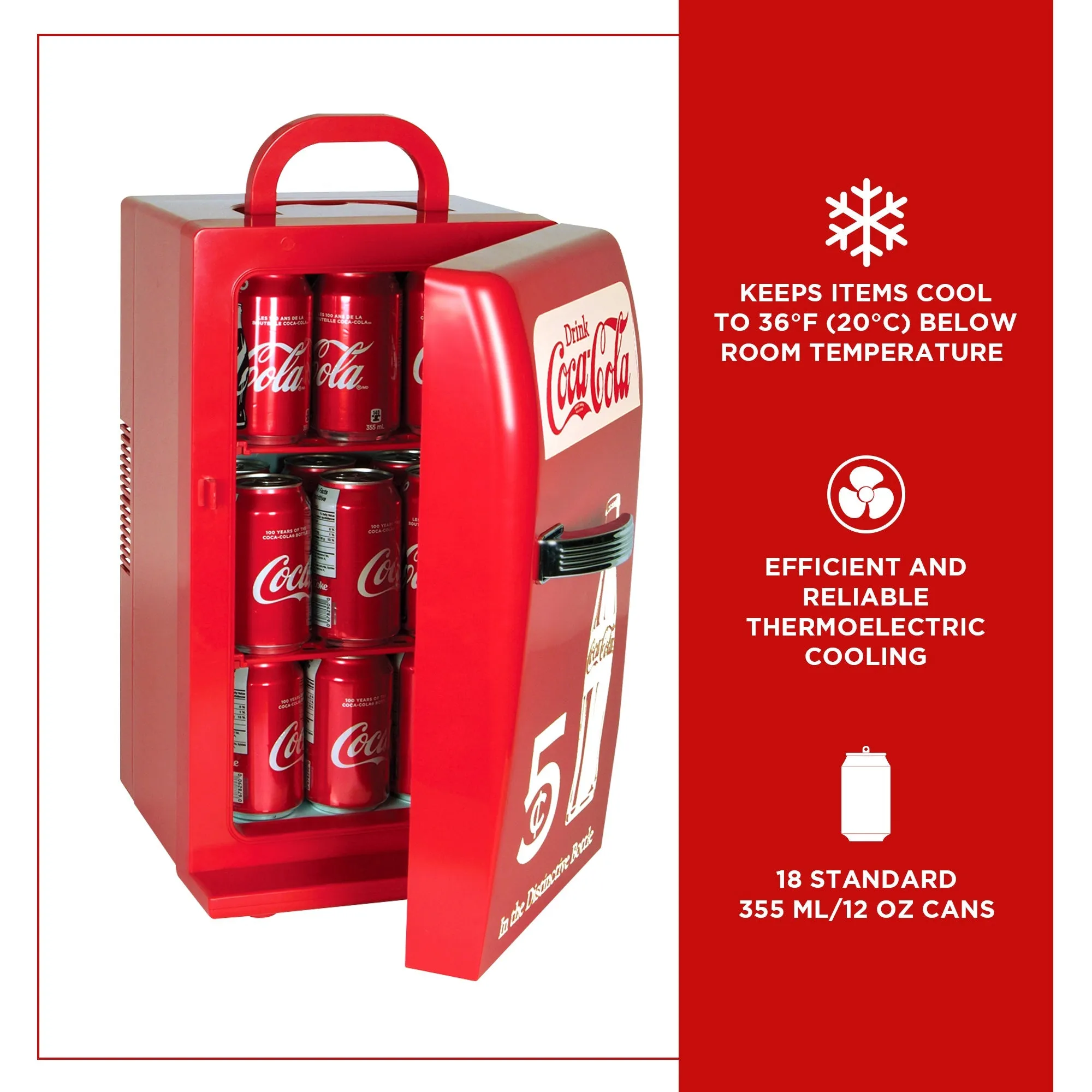 Coca-Cola Retro 18 Can Mini Fridge w/ 12V DC and 110V AC Cords, 22L (23 qt), Portable Cooler, Red, Travel Fridge for Drinks, Snacks, Lunch, Home, Office, Dorm Room, RV