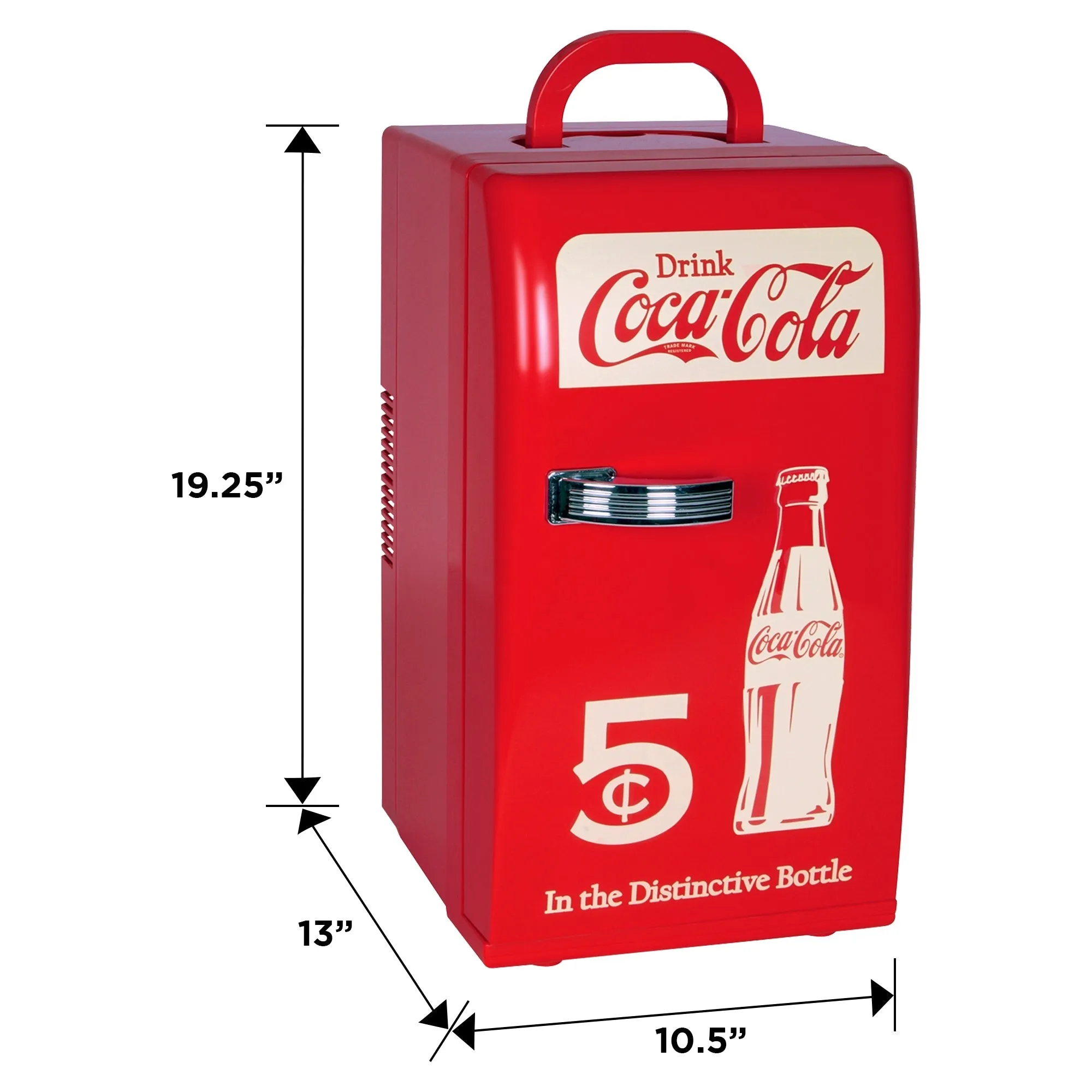 Coca-Cola Retro 18 Can Mini Fridge w/ 12V DC and 110V AC Cords, 22L (23 qt), Portable Cooler, Red, Travel Fridge for Drinks, Snacks, Lunch, Home, Office, Dorm Room, RV