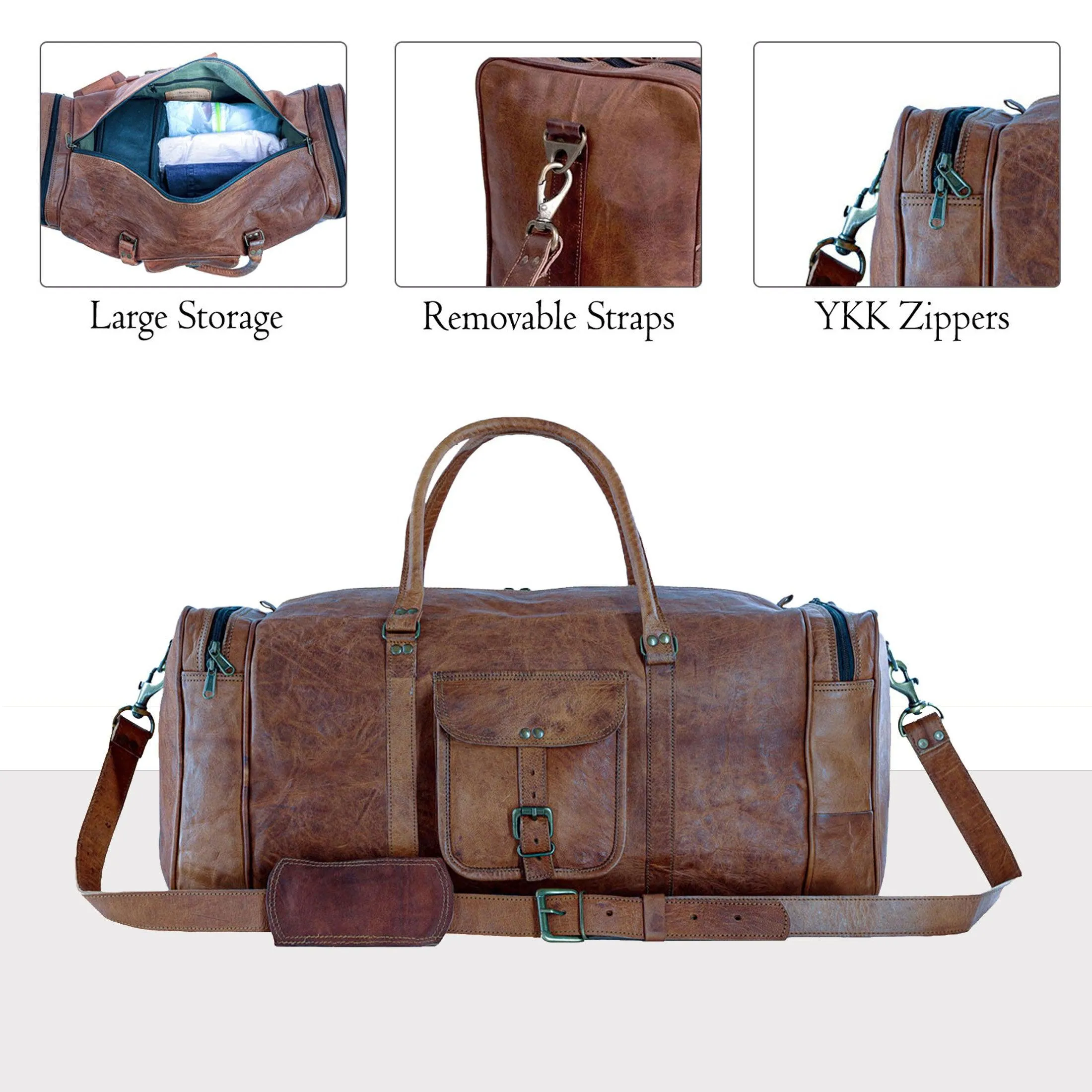 Leather Leather Duffel Bag Large 24 Inch Square Duffel Travel Gym Sports Overnight Weekender Leather Bag for Men and Women