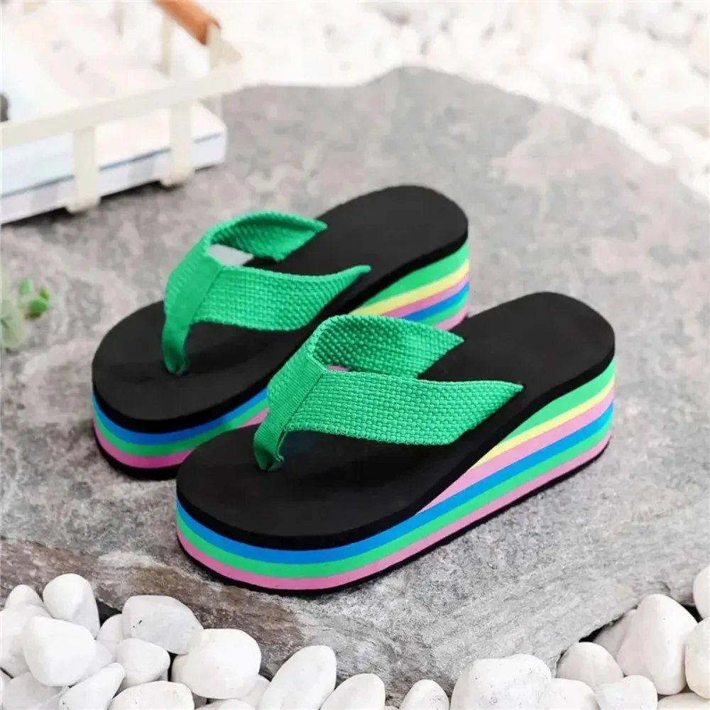 Slippers Women Summer Rainbow Thick Soled Sandals Colorful High Heels Outside Casual Beach Flip Flops Women  Chanclas Mujer EVA