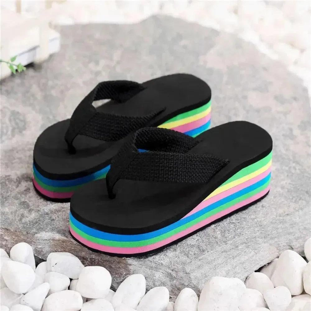 Slippers Women Summer Rainbow Thick Soled Sandals Colorful High Heels Outside Casual Beach Flip Flops Women  Chanclas Mujer EVA