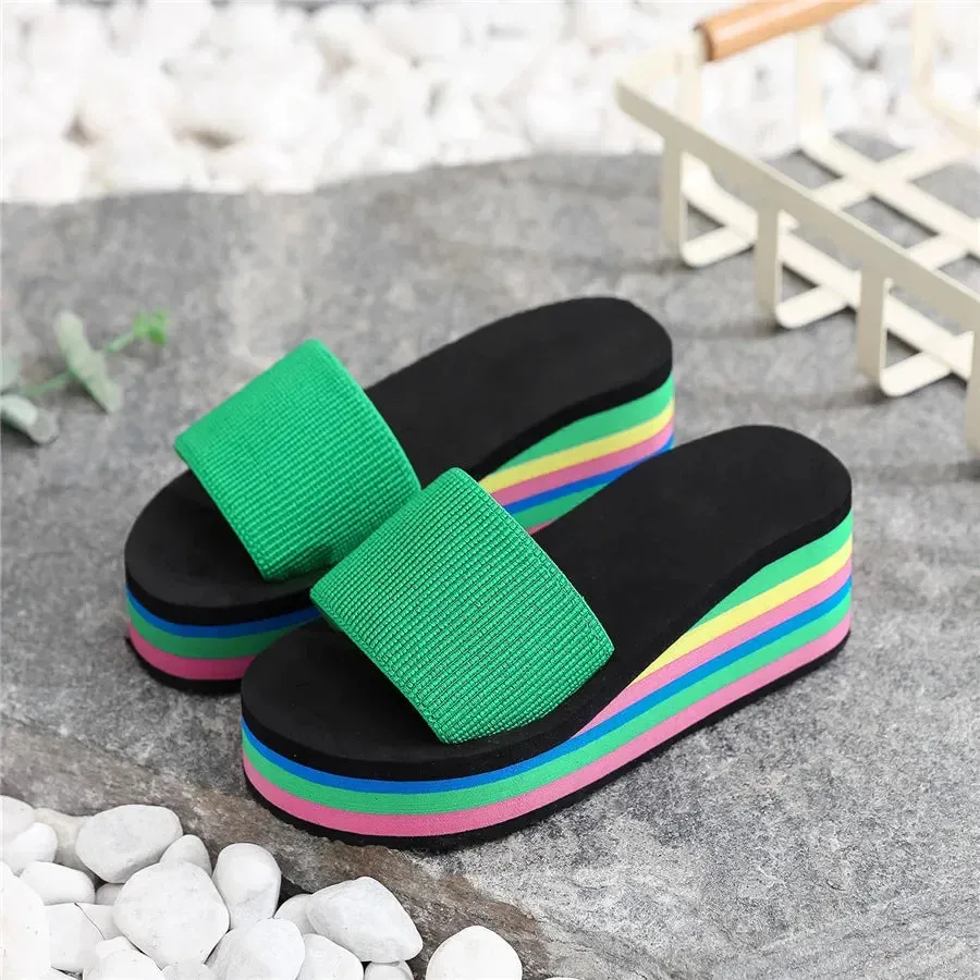 Slippers Women Summer Rainbow Thick Soled Sandals Colorful High Heels Outside Casual Beach Flip Flops Women  Chanclas Mujer EVA