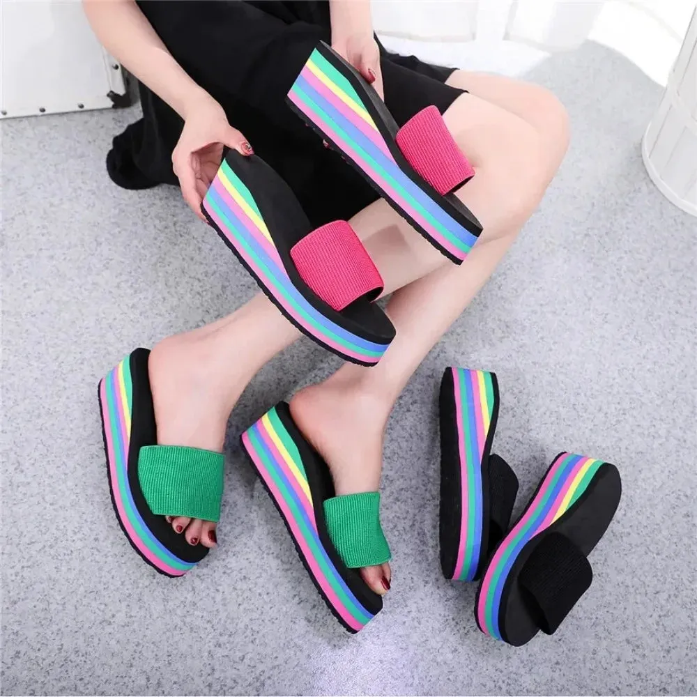 Slippers Women Summer Rainbow Thick Soled Sandals Colorful High Heels Outside Casual Beach Flip Flops Women  Chanclas Mujer EVA