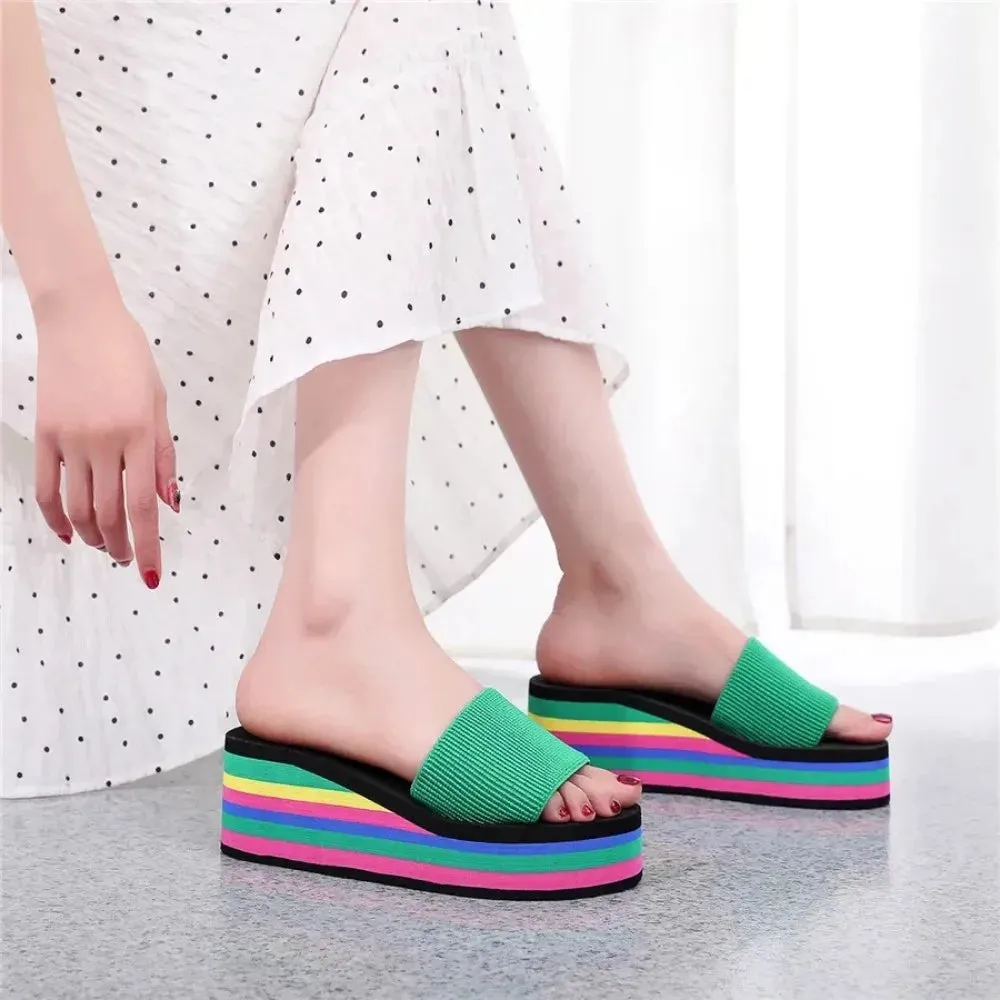 Slippers Women Summer Rainbow Thick Soled Sandals Colorful High Heels Outside Casual Beach Flip Flops Women  Chanclas Mujer EVA