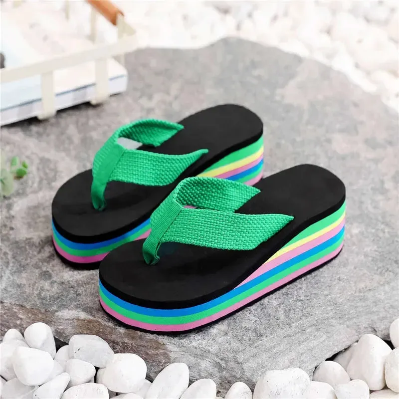 Slippers Women Summer Rainbow Thick Soled Sandals Colorful High Heels Outside Casual Beach Flip Flops Women  Chanclas Mujer EVA