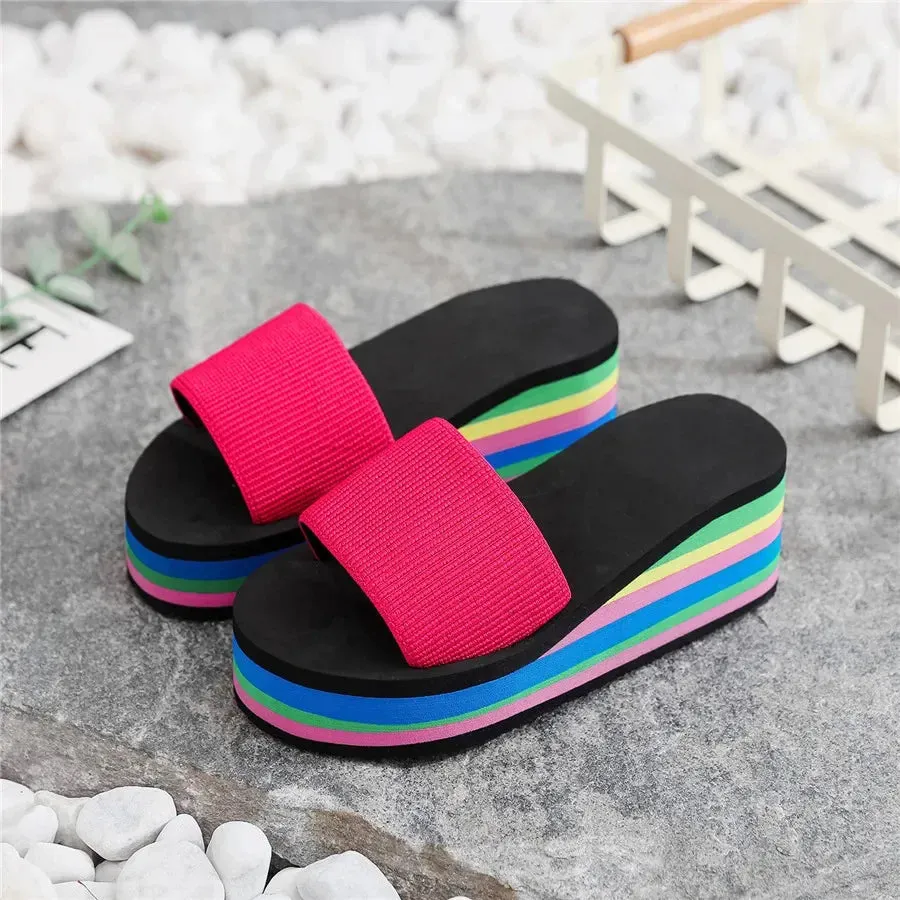 Slippers Women Summer Rainbow Thick Soled Sandals Colorful High Heels Outside Casual Beach Flip Flops Women  Chanclas Mujer EVA
