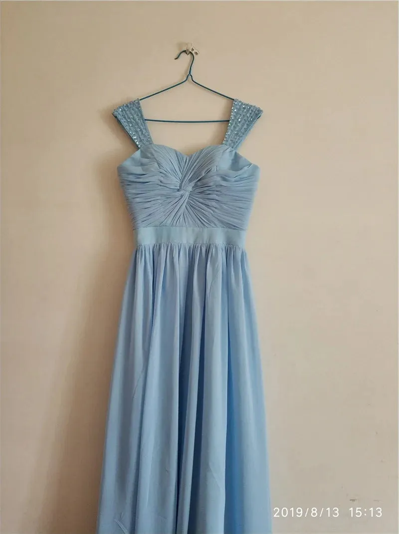 Stock Clear A Line Chiffon Off Shoulder Beading Cap Sleeve Evening Bridesmaid Dresses Wedding Party Formal Prom Lace Up Back