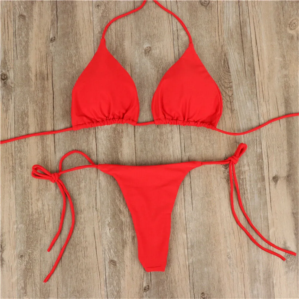 Women's swimsuit Bikinis Set Women Sexy Pink Bandage Ladies Thongs Solid Two Piece Suit Female купальник traje de bao mujer