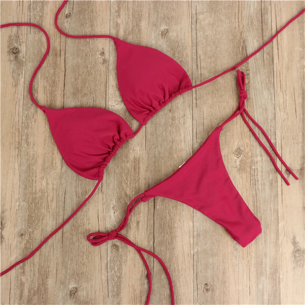 Women's swimsuit Bikinis Set Women Sexy Pink Bandage Ladies Thongs Solid Two Piece Suit Female купальник traje de bao mujer