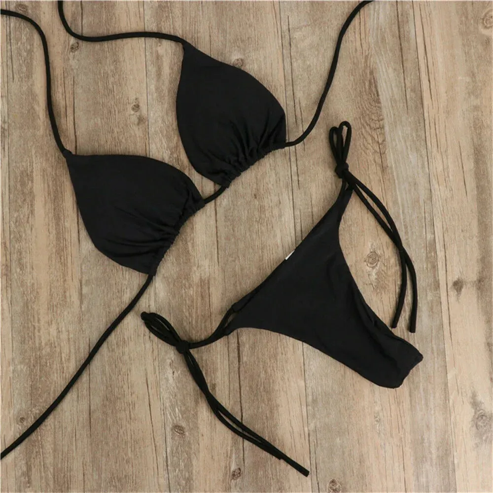 Women's swimsuit Bikinis Set Women Sexy Pink Bandage Ladies Thongs Solid Two Piece Suit Female купальник traje de bao mujer